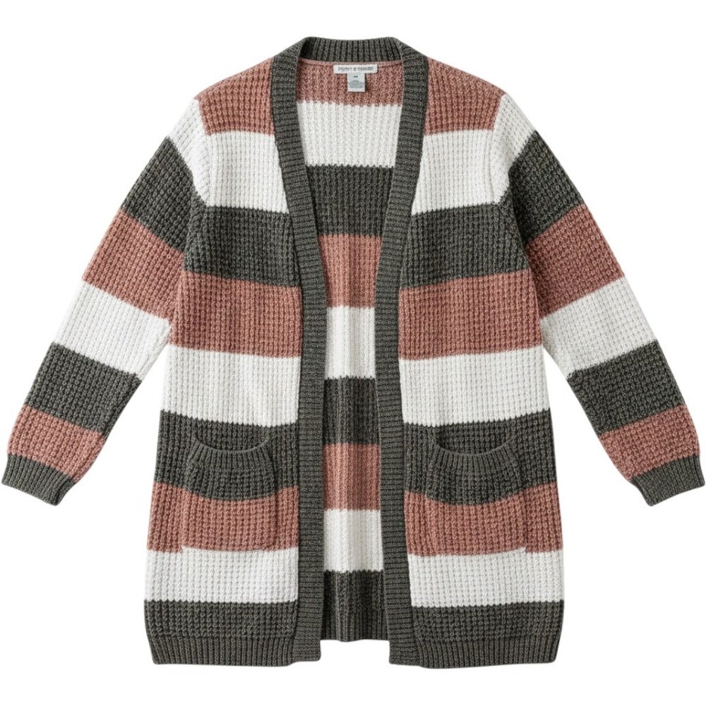 Poppy & Whimsy Chenille Waffle Knit Striped Cardigan Sweater Olive Pink 2XL